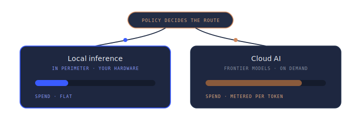 A policy chip decides the route: most traffic runs to Local inference, in perimeter on your hardware, at a flat spend; a smaller share escalates to Cloud AI, frontier models on demand, metered per token.